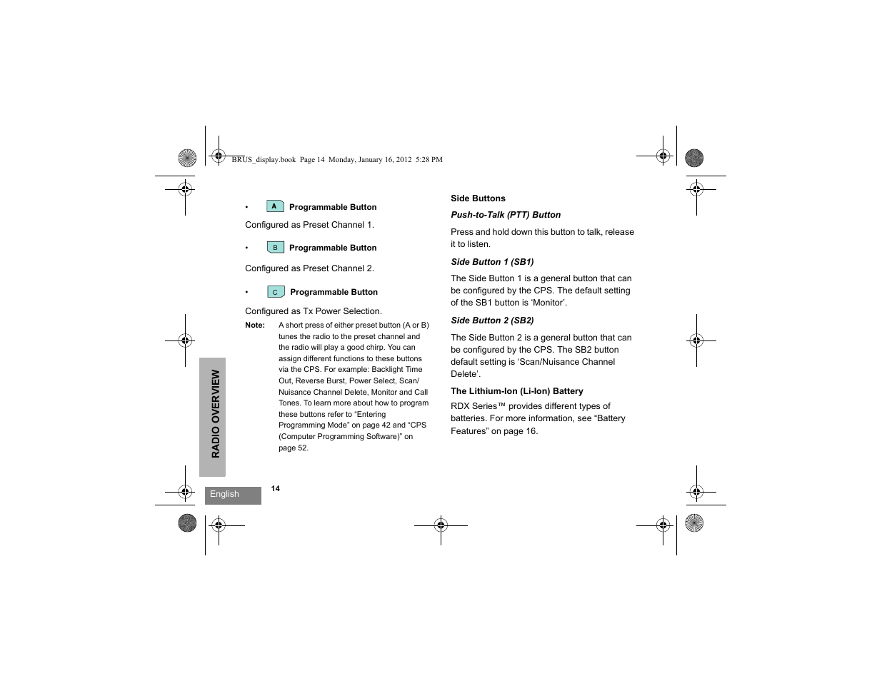 Side buttons the lithium-ion (li-ion) battery | Motorola RDV2080D User Manual | Page 16 / 104