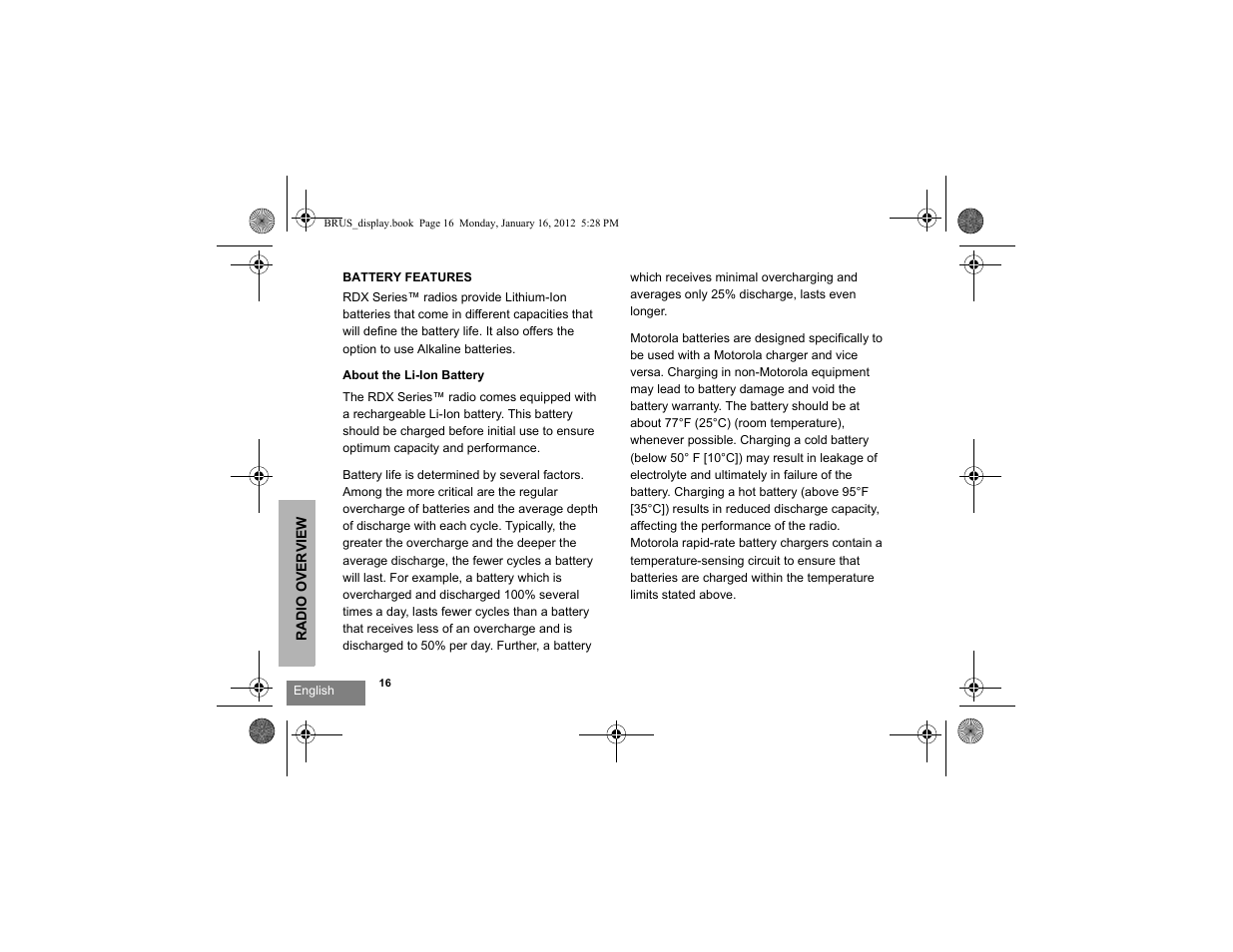 Battery features, About the li-ion battery | Motorola RDV2080D User Manual | Page 18 / 104