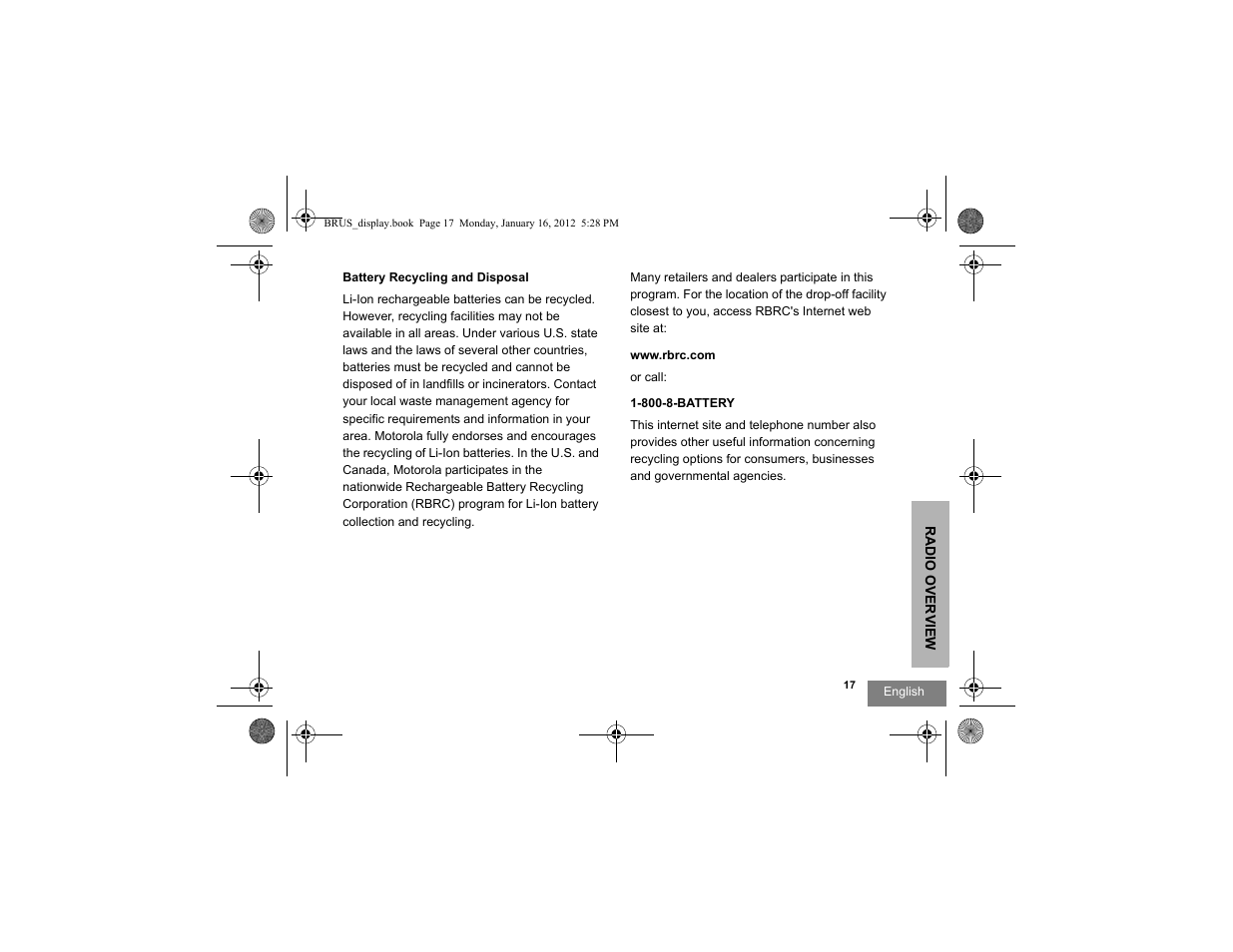 Battery recycling and disposal | Motorola RDV2080D User Manual | Page 19 / 104
