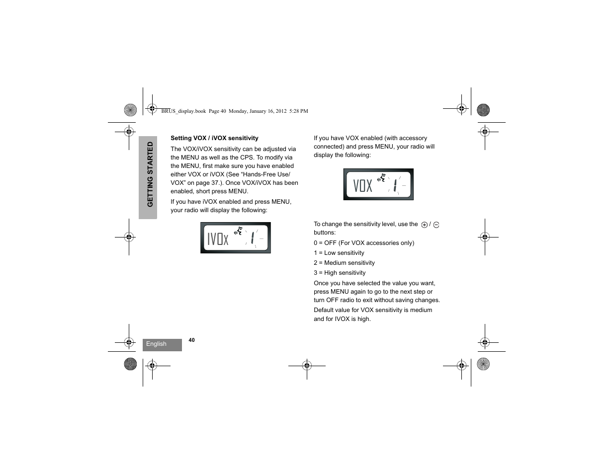 Setting vox / ivox sensitivity | Motorola RDV2080D User Manual | Page 42 / 104