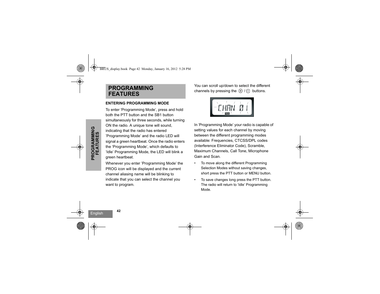 Programming features, Programming features entering programming mode | Motorola RDV2080D User Manual | Page 44 / 104