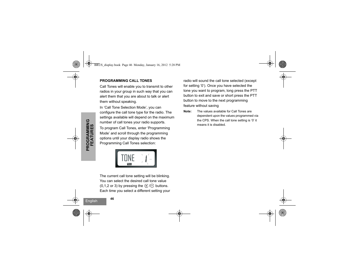 Programming call tones, Tone | Motorola RDV2080D User Manual | Page 48 / 104