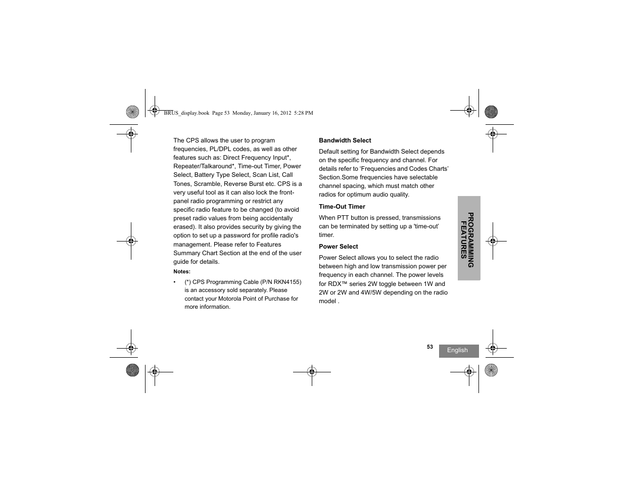 Bandwidth select time-out timer power select | Motorola RDV2080D User Manual | Page 55 / 104