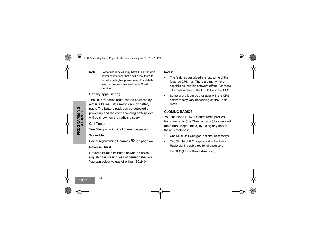 Battery type setting call tones, Scramble reverse burst, Cloning radios | Motorola RDV2080D User Manual | Page 56 / 104