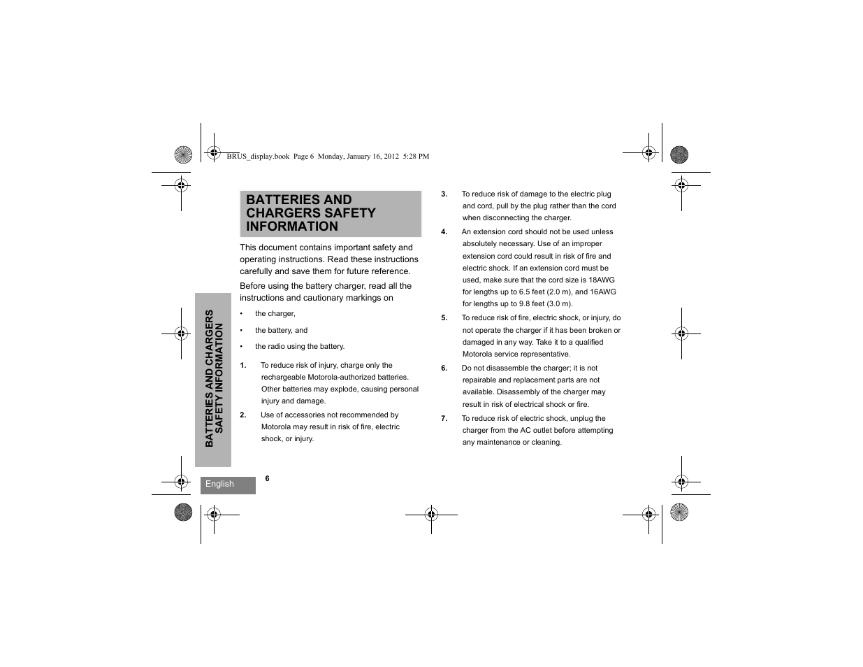 Batteries and chargers safety information | Motorola RDV2080D User Manual | Page 8 / 104