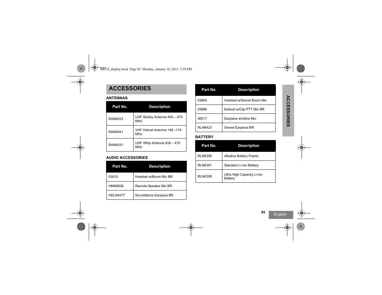 Accessories, Accessories antennas audio accessories battery | Motorola RDV2080D User Manual | Page 87 / 104