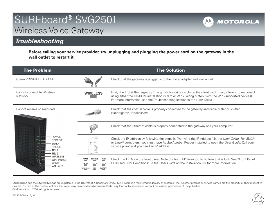 Surfboard, Svg2501, Wireless voice gateway | Troubleshooting | Motorola SURFboard 574823-001-a User Manual | Page 2 / 2