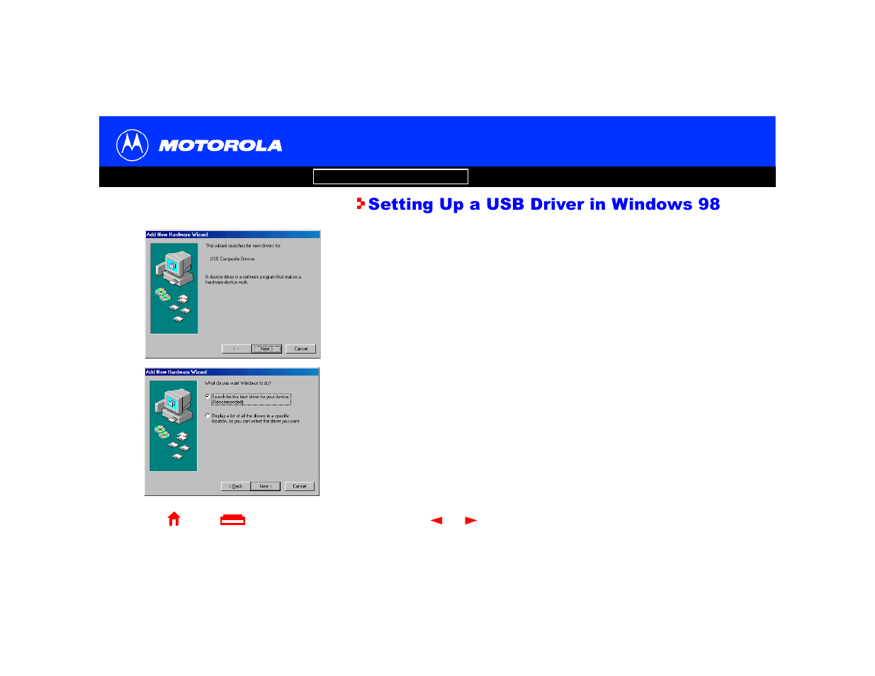 Setting up a usb driver in windows 98 | Motorola SURFboard Cable Modem User Manual | Page 17 / 66