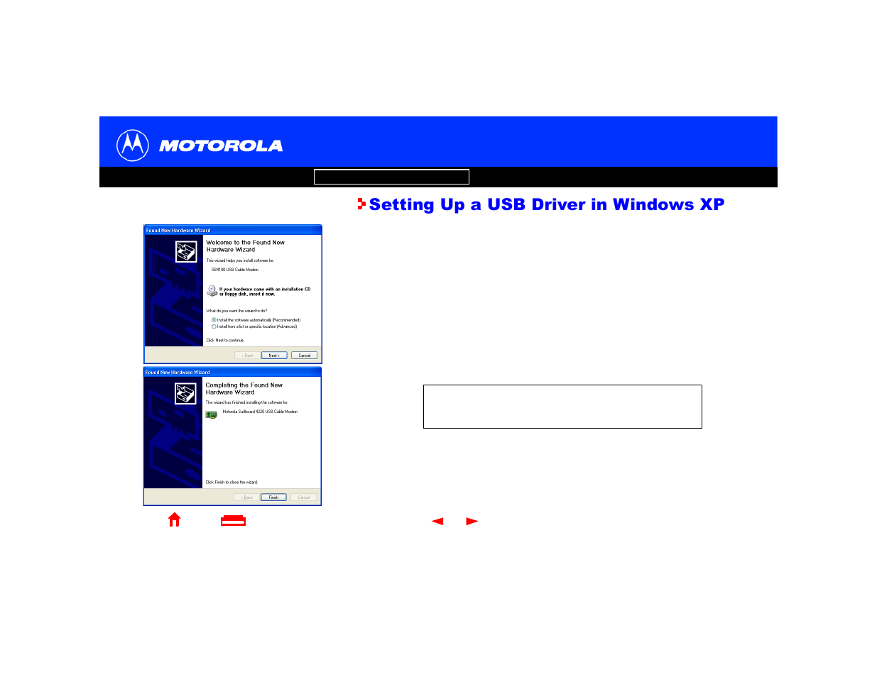 Setting up a usb driver in windows xp | Motorola SURFboard Cable Modem User Manual | Page 26 / 66