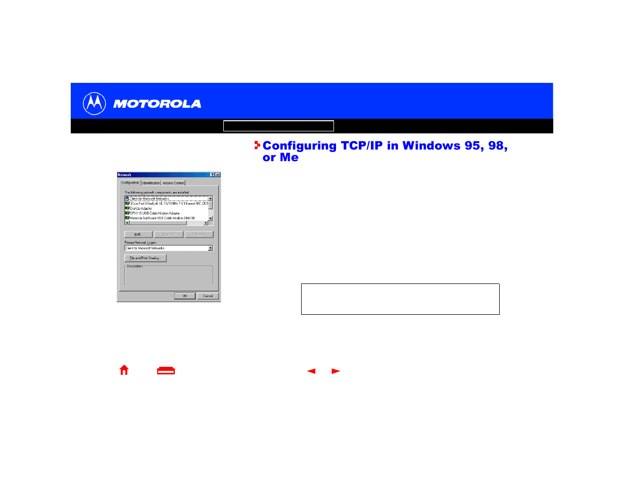 Configuring tcp/ip in windows 95, 98, or me | Motorola SURFboard Cable Modem User Manual | Page 28 / 66