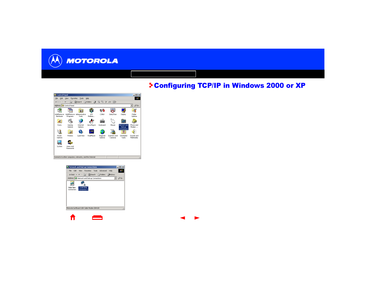 Configuring tcp/ip in windows 2000 or xp | Motorola SURFboard Cable Modem User Manual | Page 31 / 66