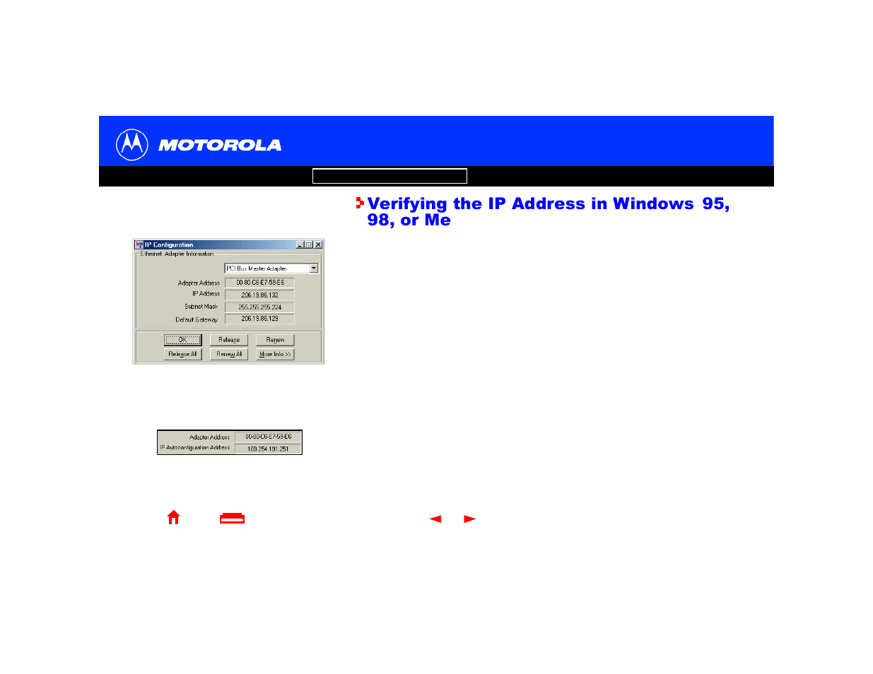 Verifying the ip address in windows 95, 98, or me, Verifying the ip address in, Windows 95, 98, or me | Motorola SURFboard Cable Modem User Manual | Page 35 / 66