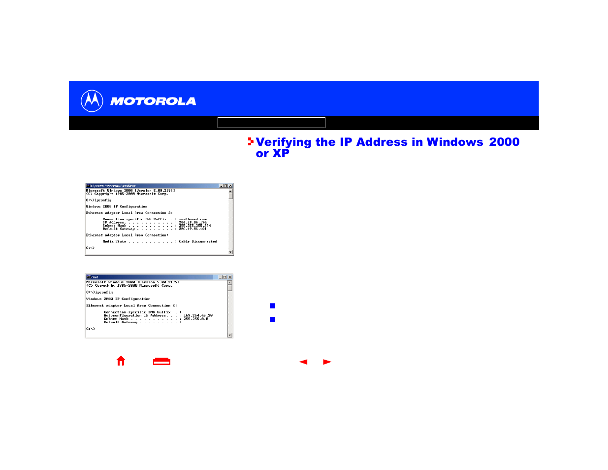 Verifying the ip address in windows 2000 or xp, Verifying the ip address in, Windows 2000 or xp | Motorola SURFboard Cable Modem User Manual | Page 36 / 66