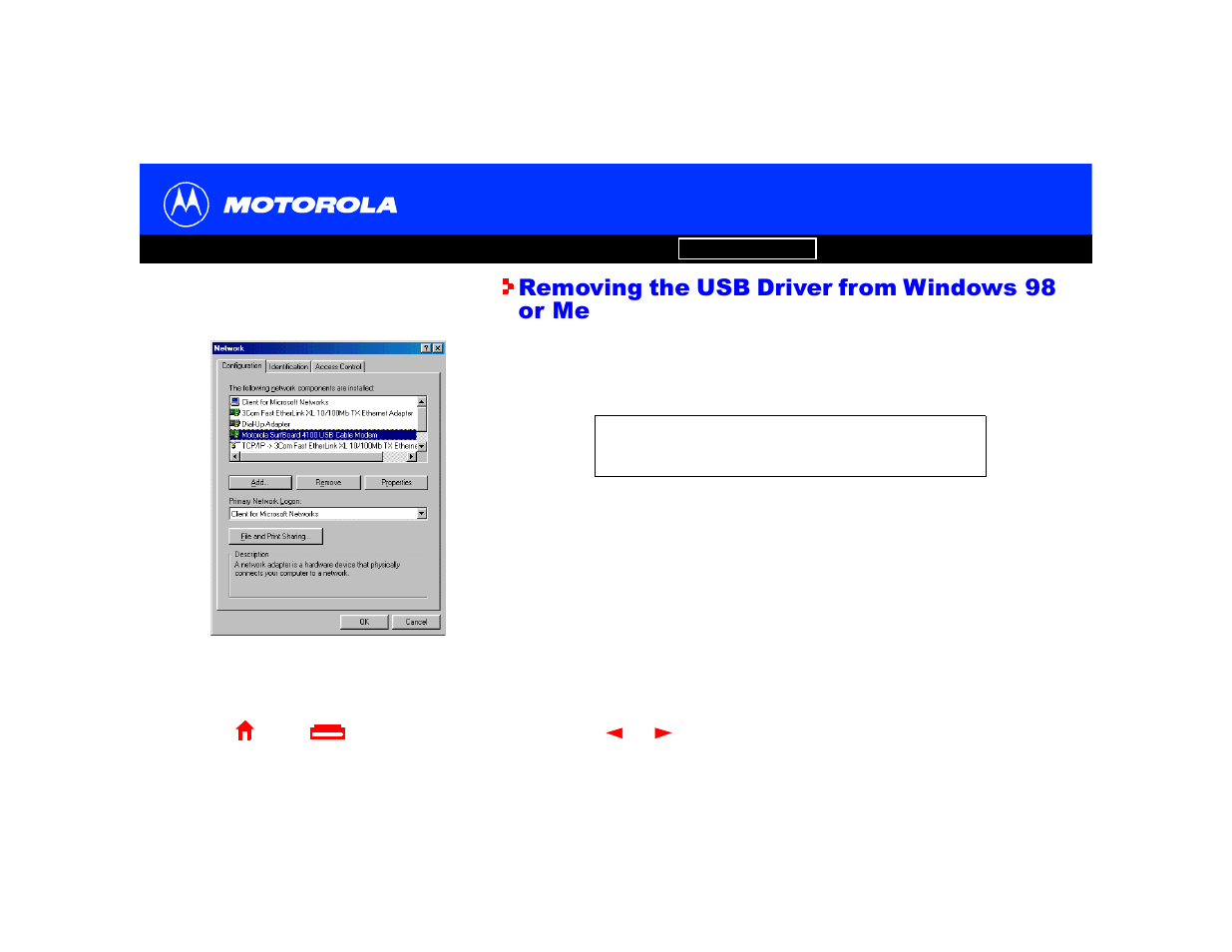 Removing the usb driver from windows 98 or me, Removing the, Usb driver from windows 98 or me | Removing the usb driver from, Windows 98 or me | Motorola SURFboard Cable Modem User Manual | Page 43 / 66