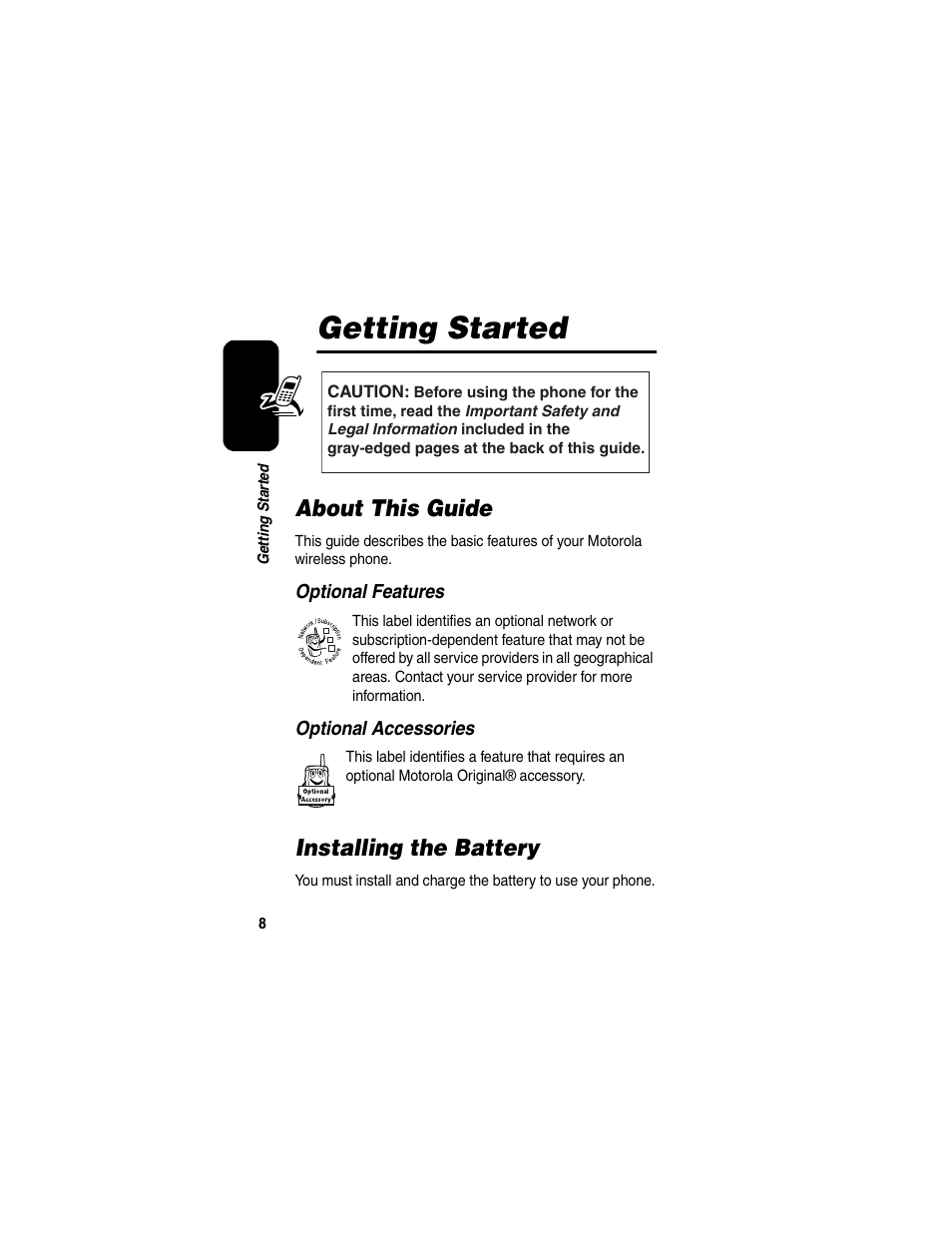 Getting started, About this guide, Installing the battery | About this guide installing the battery | Motorola V260/V262 User Manual | Page 10 / 122