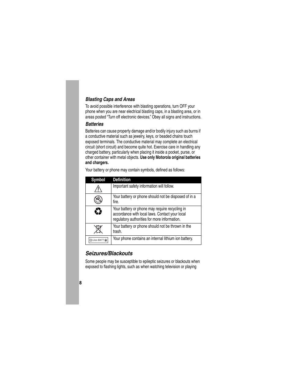 Seizures/blackouts | Motorola V260/V262 User Manual | Page 102 / 122