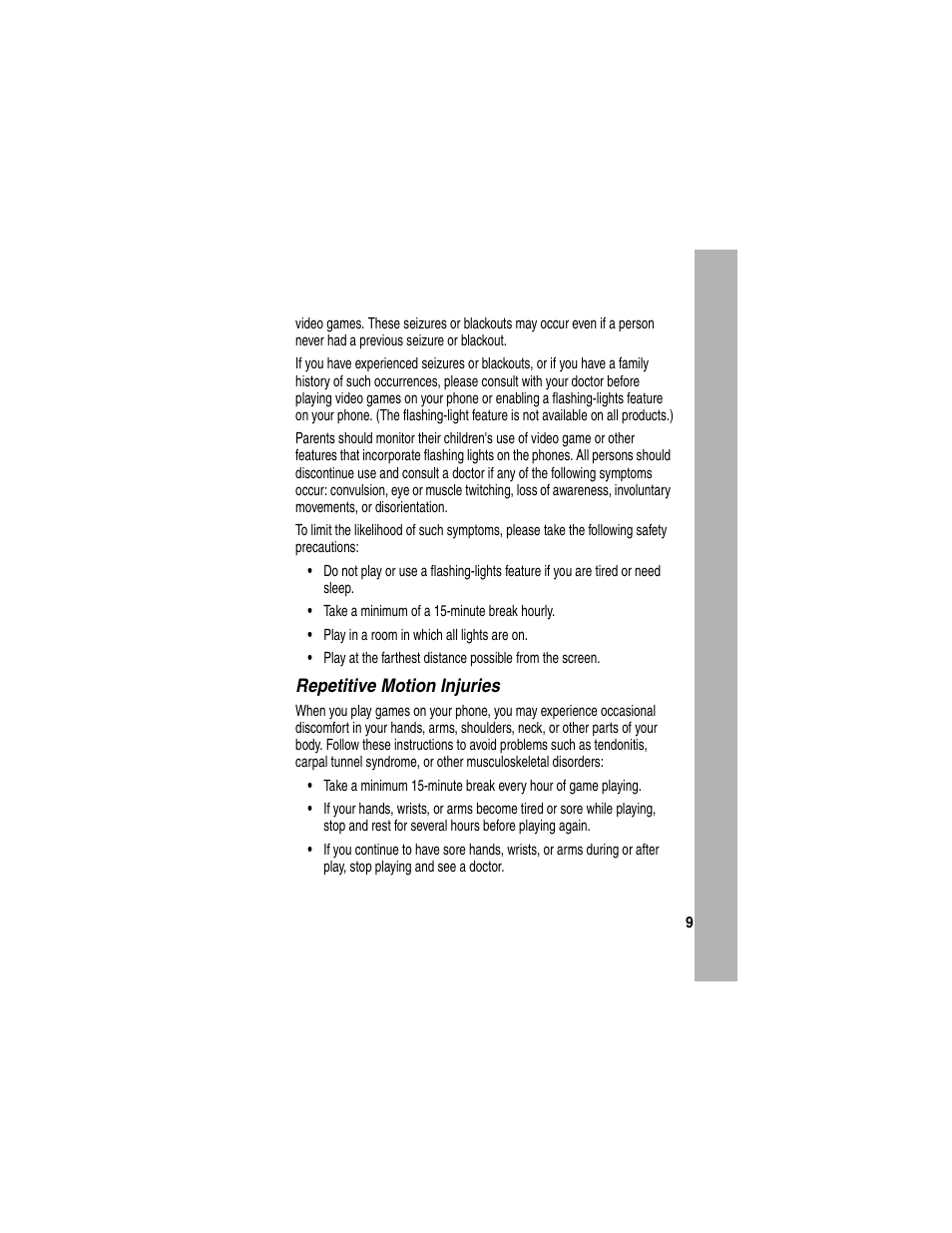Repetitive motion injuries | Motorola V260/V262 User Manual | Page 103 / 122