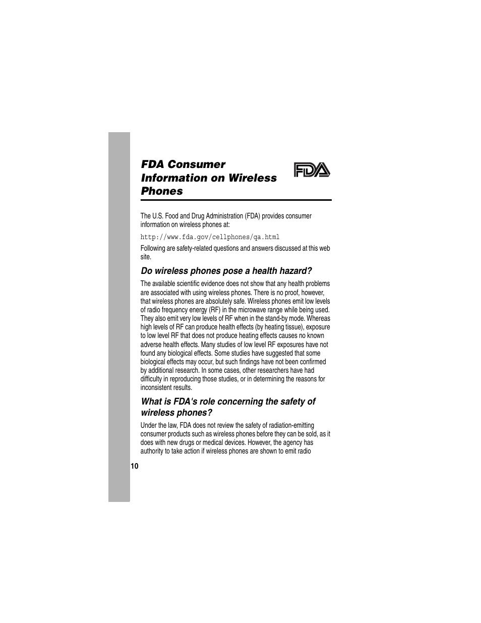 Fda consumer information on wireless phones, Do wireless phones pose a health hazard | Motorola V260/V262 User Manual | Page 104 / 122