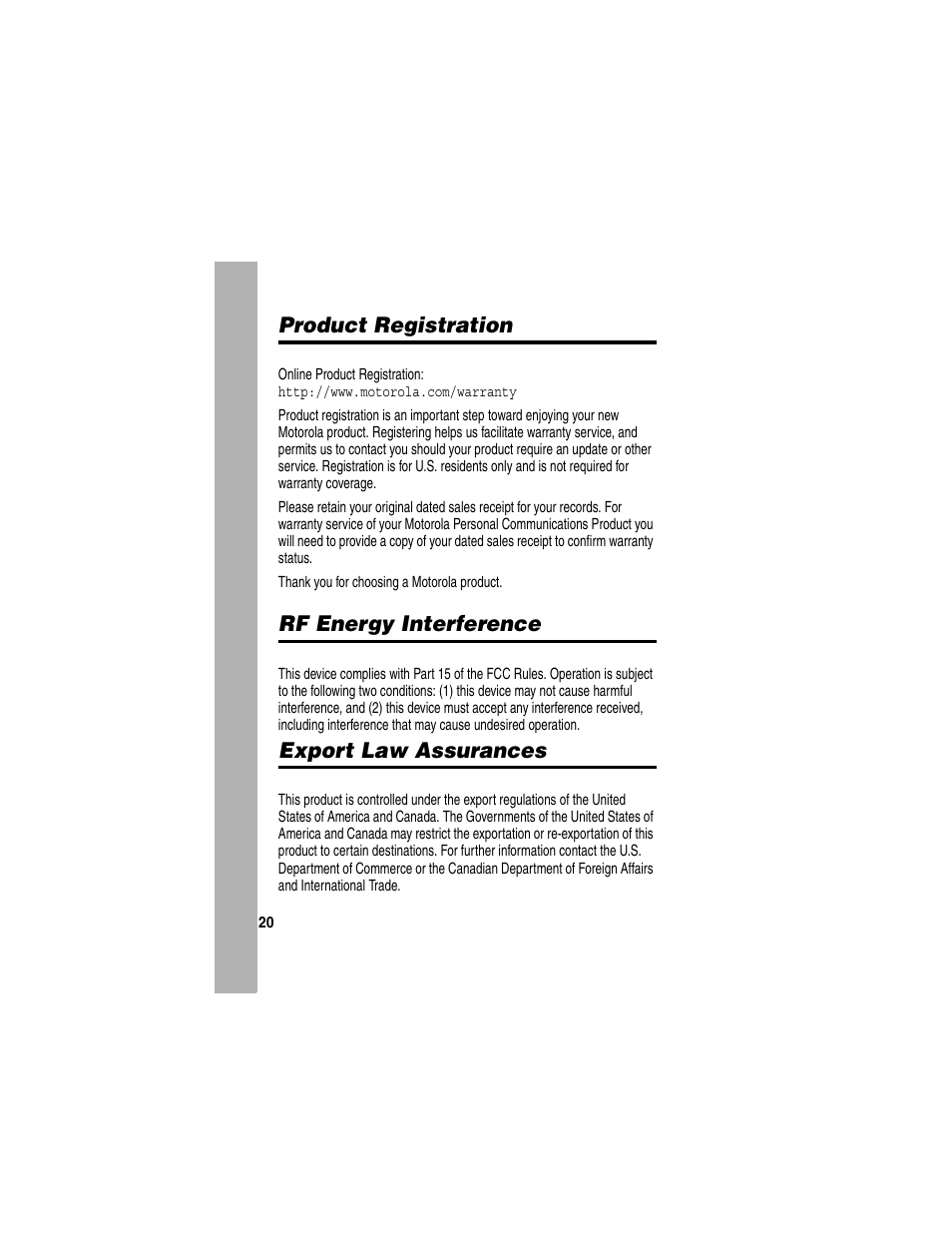 Product registration, Rf energy interference, Export law assurances | Motorola V260/V262 User Manual | Page 114 / 122
