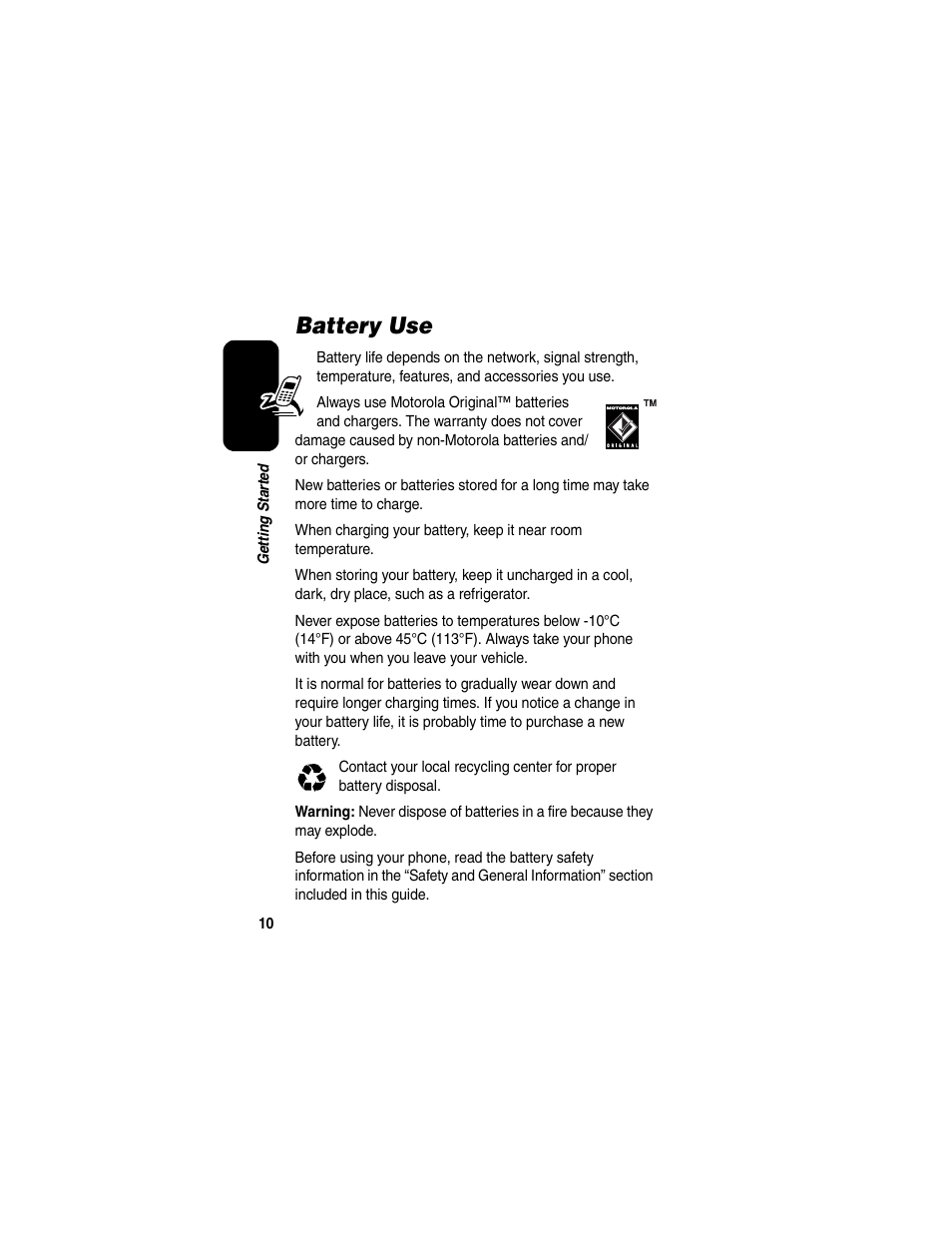 Battery use | Motorola V260/V262 User Manual | Page 12 / 122