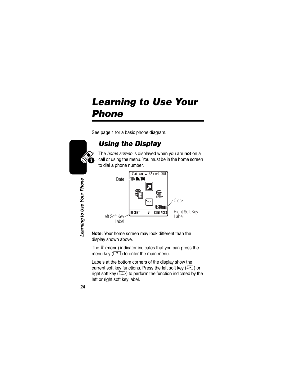 Learning to use your phone, Using the display, Ux б | Motorola V260/V262 User Manual | Page 26 / 122