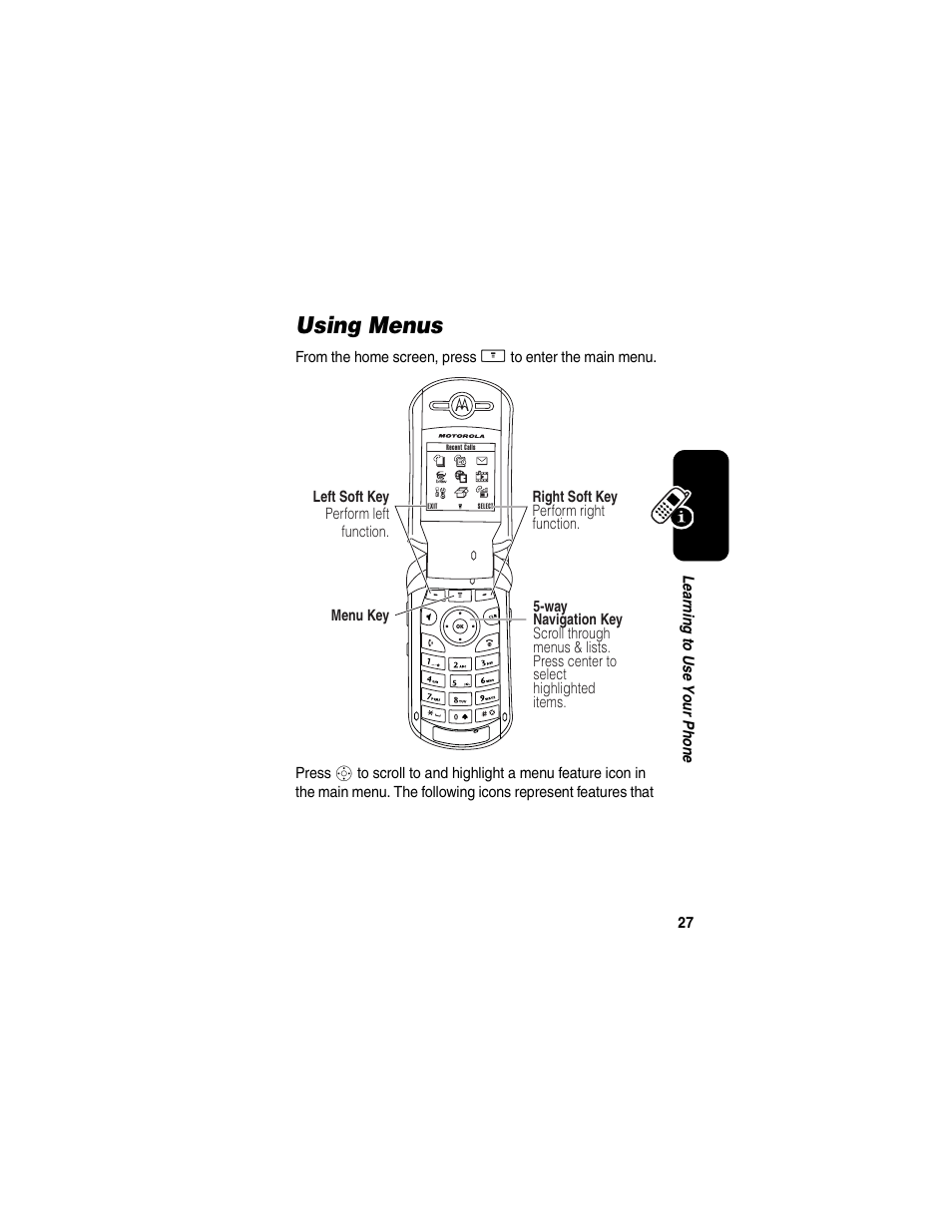 Using menus | Motorola V260/V262 User Manual | Page 29 / 122