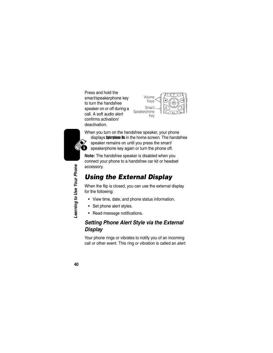 Using the external display | Motorola V260/V262 User Manual | Page 42 / 122