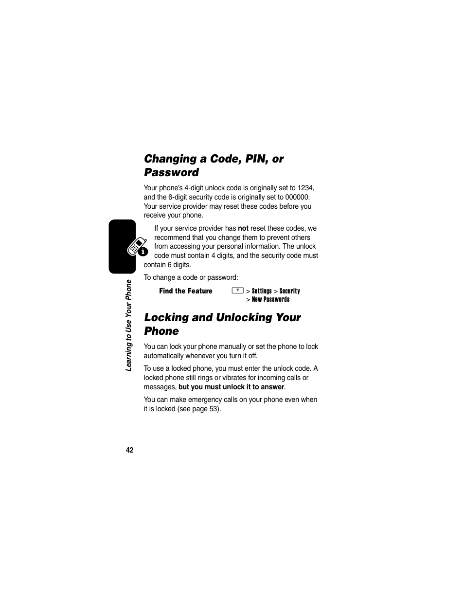 Changing a code, pin, or password, Locking and unlocking your phone | Motorola V260/V262 User Manual | Page 44 / 122