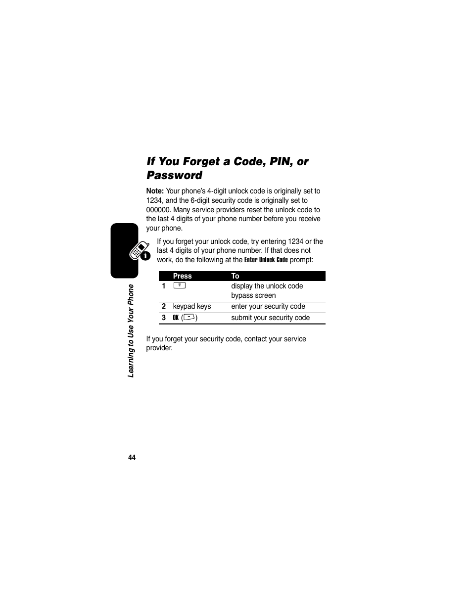 If you forget a code, pin, or password | Motorola V260/V262 User Manual | Page 46 / 122