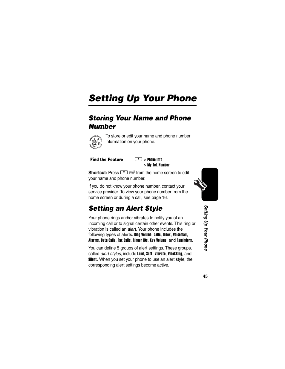 Setting up your phone, Storing your name and phone number, Setting an alert style | Motorola V260/V262 User Manual | Page 47 / 122