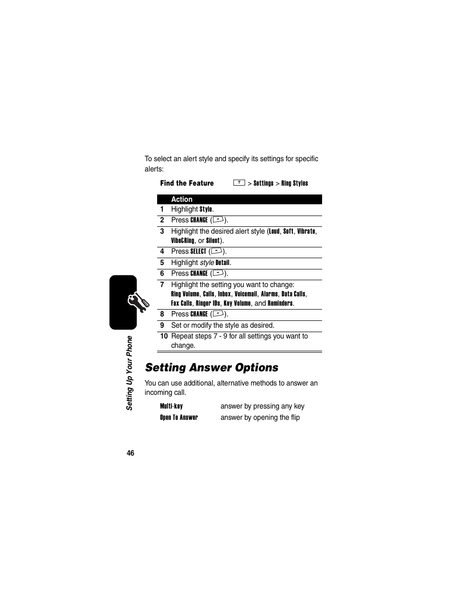 Setting answer options | Motorola V260/V262 User Manual | Page 48 / 122