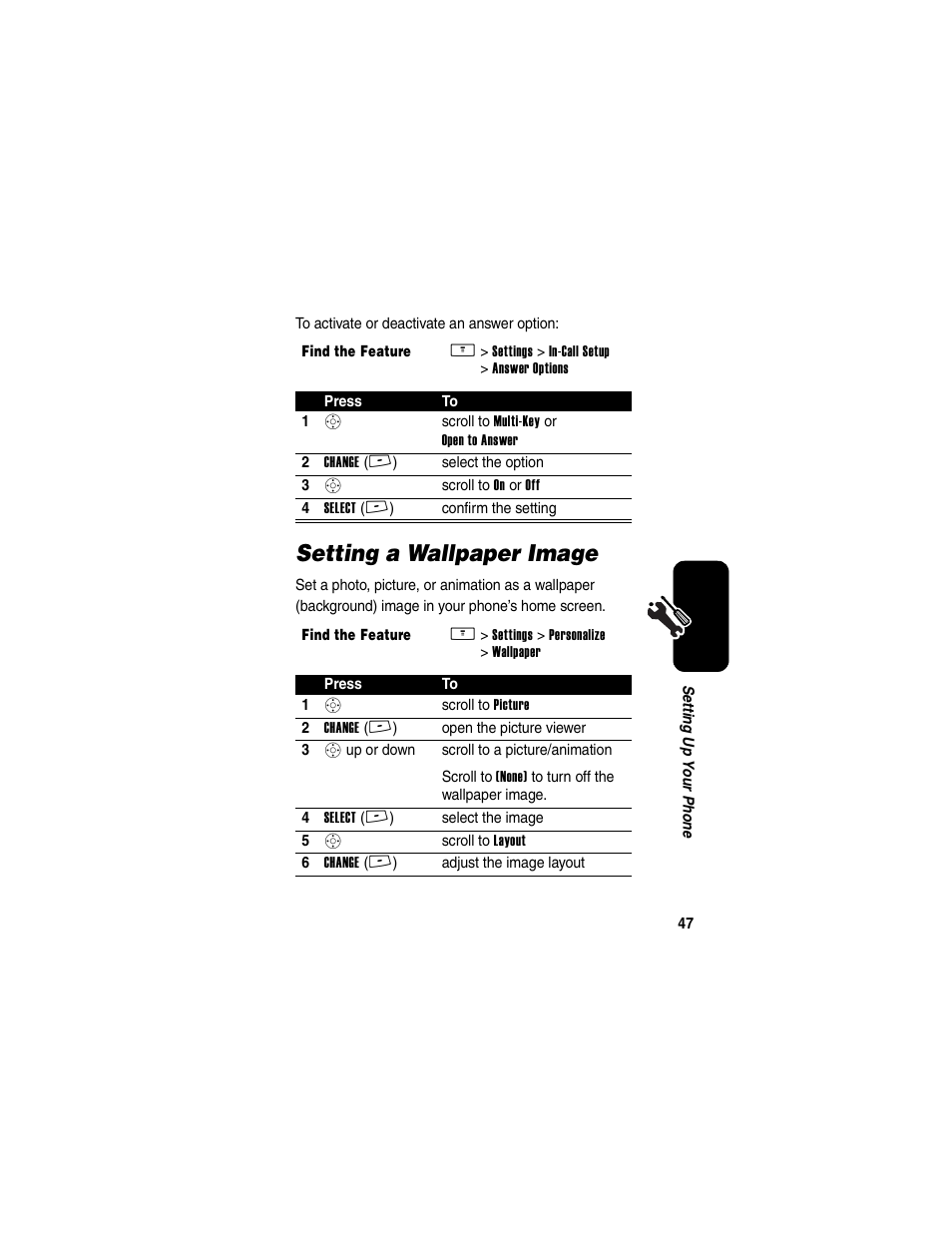 Setting a wallpaper image | Motorola V260/V262 User Manual | Page 49 / 122