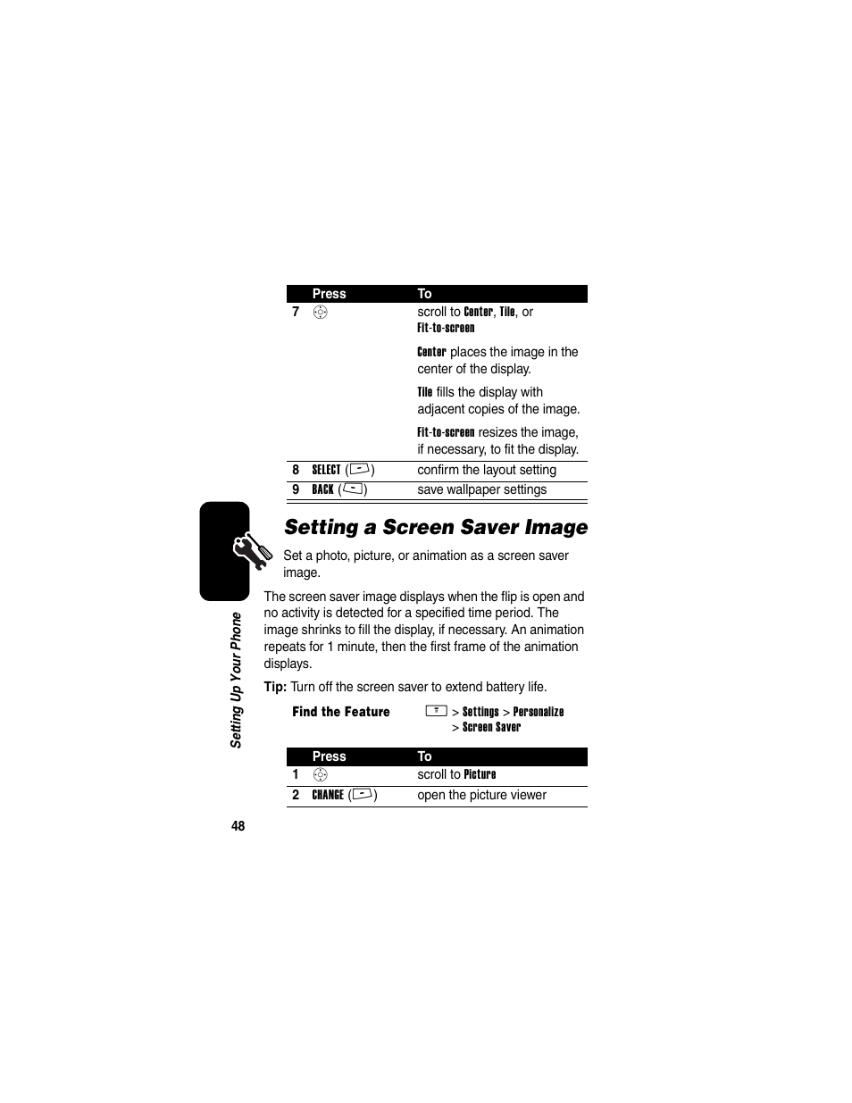 Setting a screen saver image | Motorola V260/V262 User Manual | Page 50 / 122