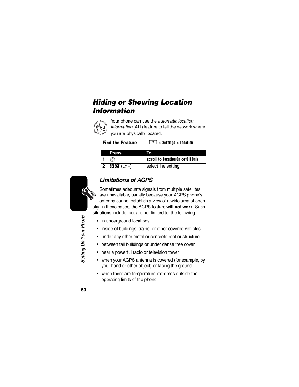 Hiding or showing location information | Motorola V260/V262 User Manual | Page 52 / 122