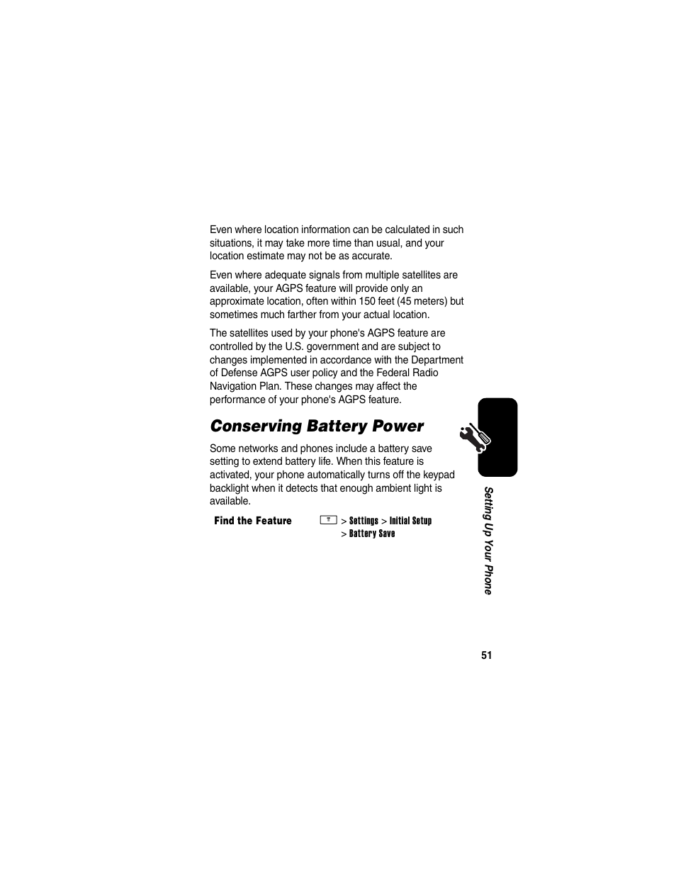 Conserving battery power | Motorola V260/V262 User Manual | Page 53 / 122