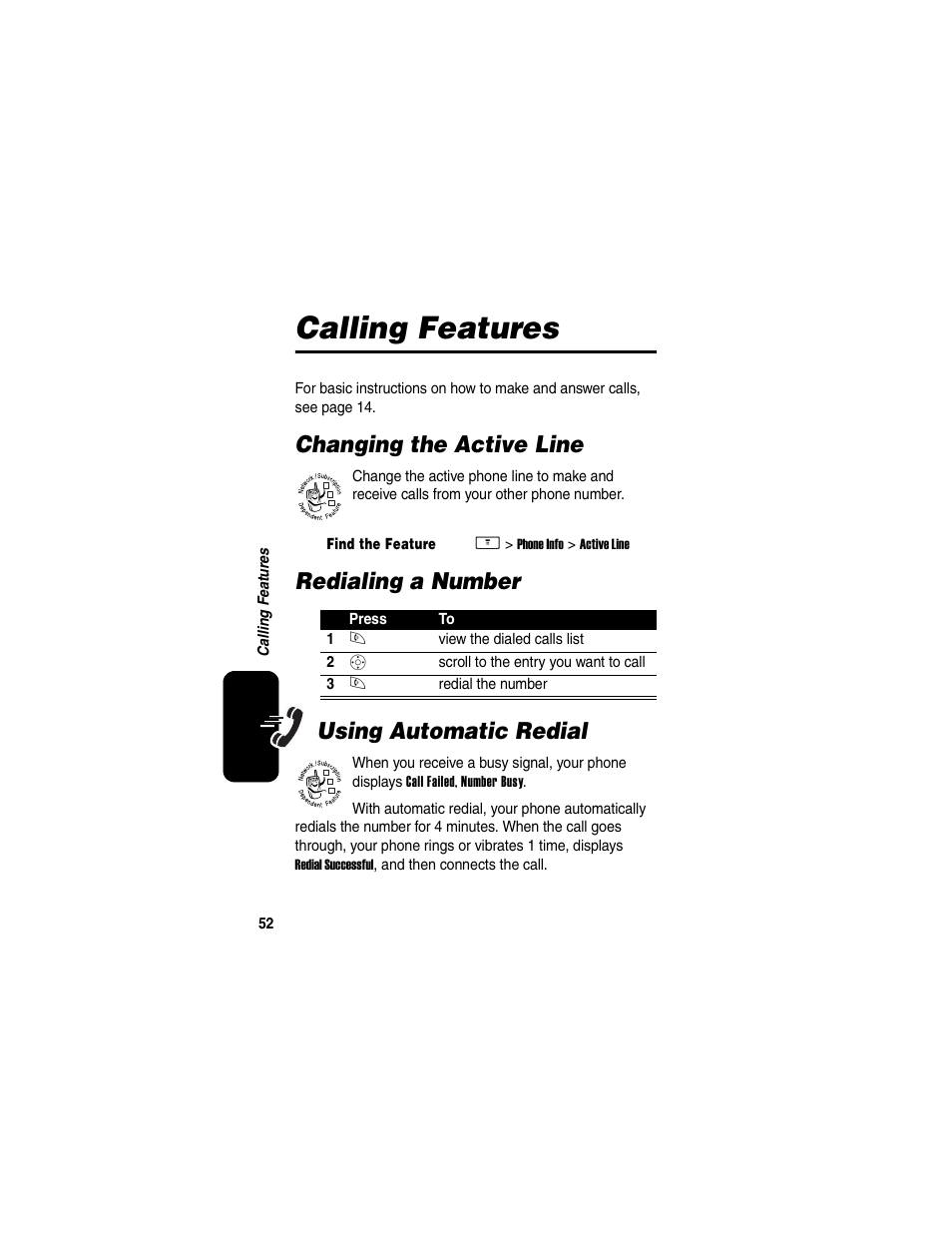 Calling features, Changing the active line, Redialing a number | Using automatic redial, Redialing a number using automatic redial | Motorola V260/V262 User Manual | Page 54 / 122