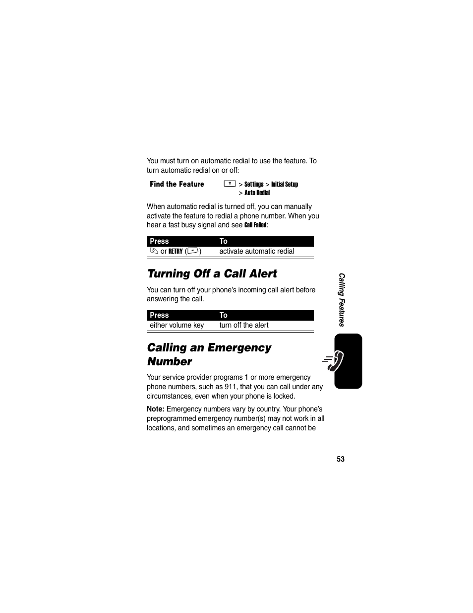 Turning off a call alert, Calling an emergency number | Motorola V260/V262 User Manual | Page 55 / 122