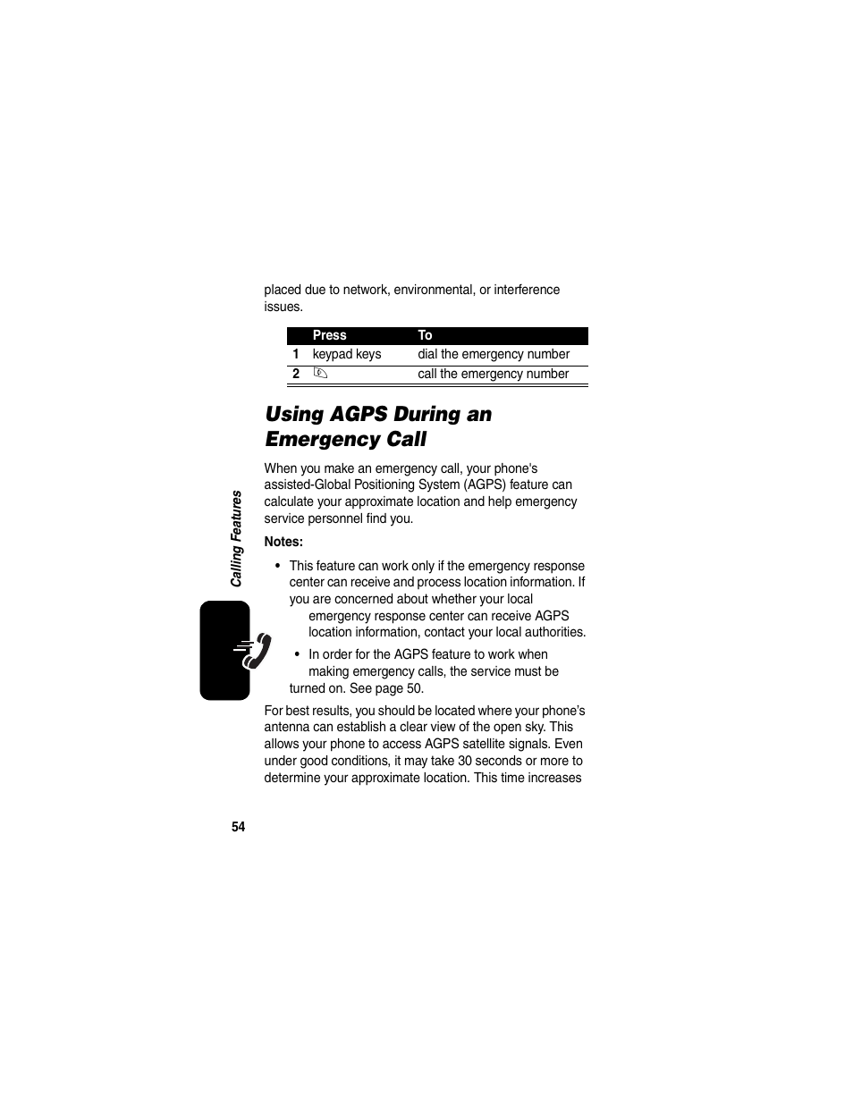 Using agps during an emergency call | Motorola V260/V262 User Manual | Page 56 / 122