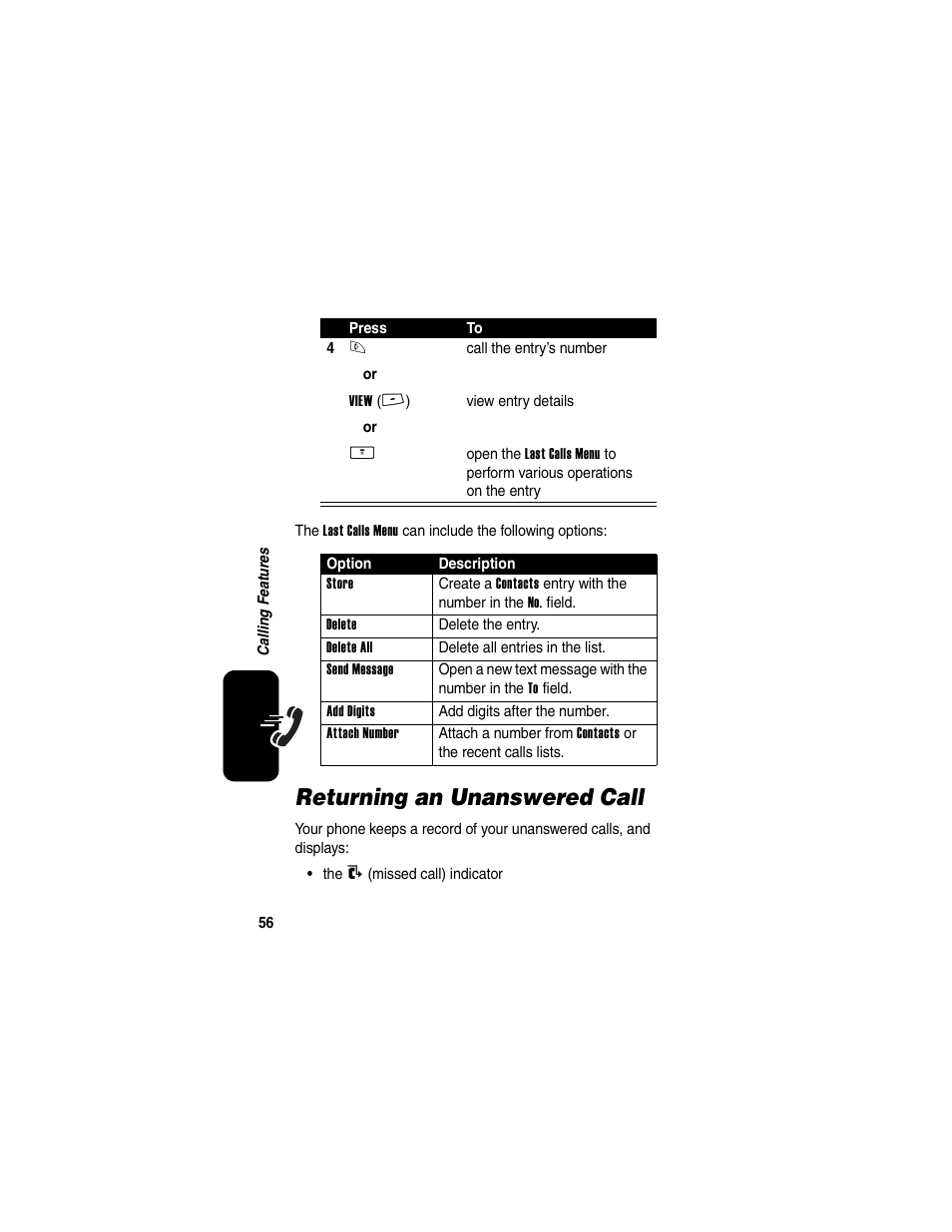 Returning an unanswered call | Motorola V260/V262 User Manual | Page 58 / 122