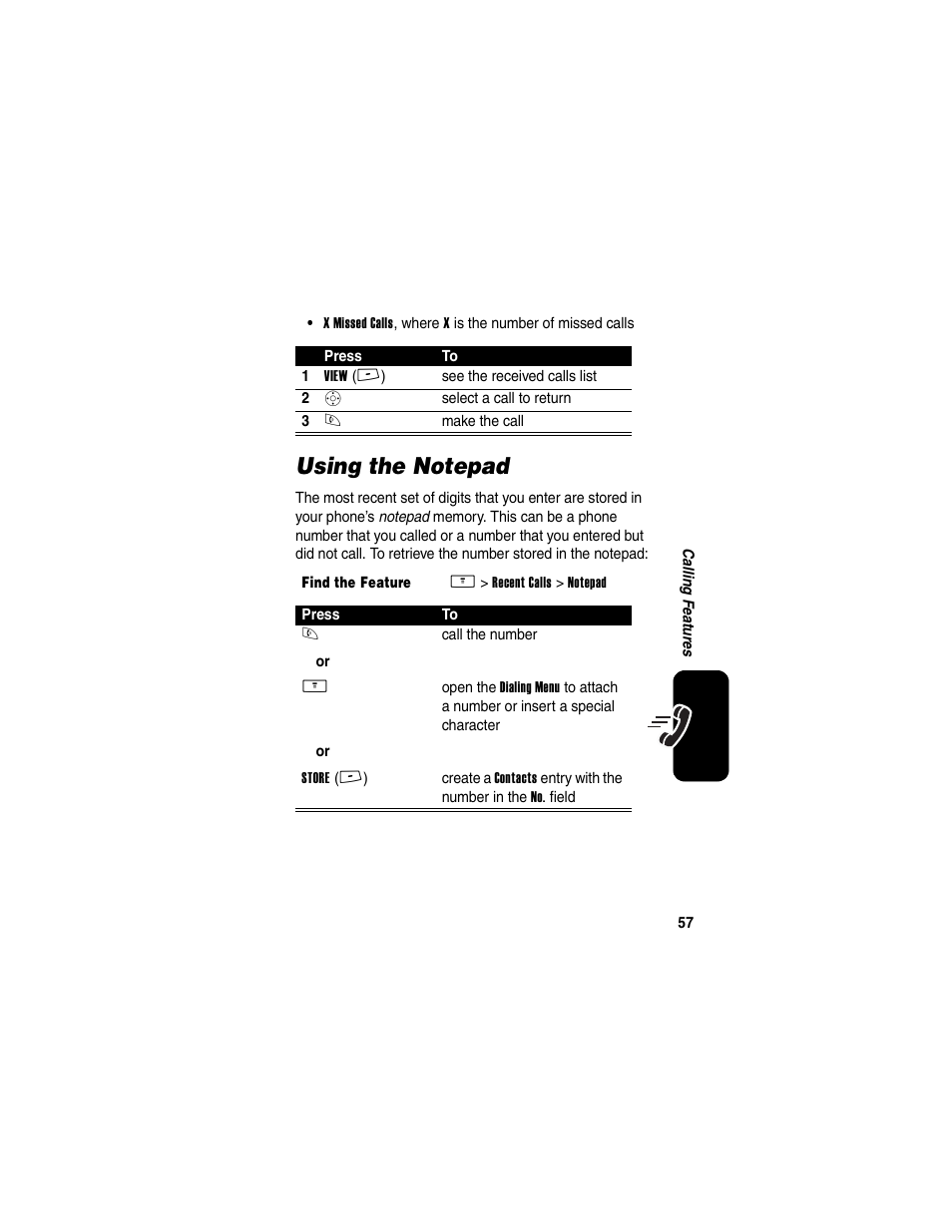 Using the notepad | Motorola V260/V262 User Manual | Page 59 / 122