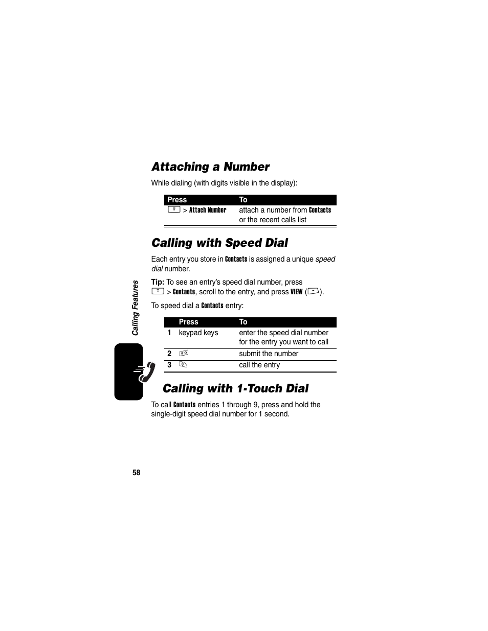 Attaching a number, Calling with speed dial, Calling with 1touch dial | Calling with 1-touch dial | Motorola V260/V262 User Manual | Page 60 / 122