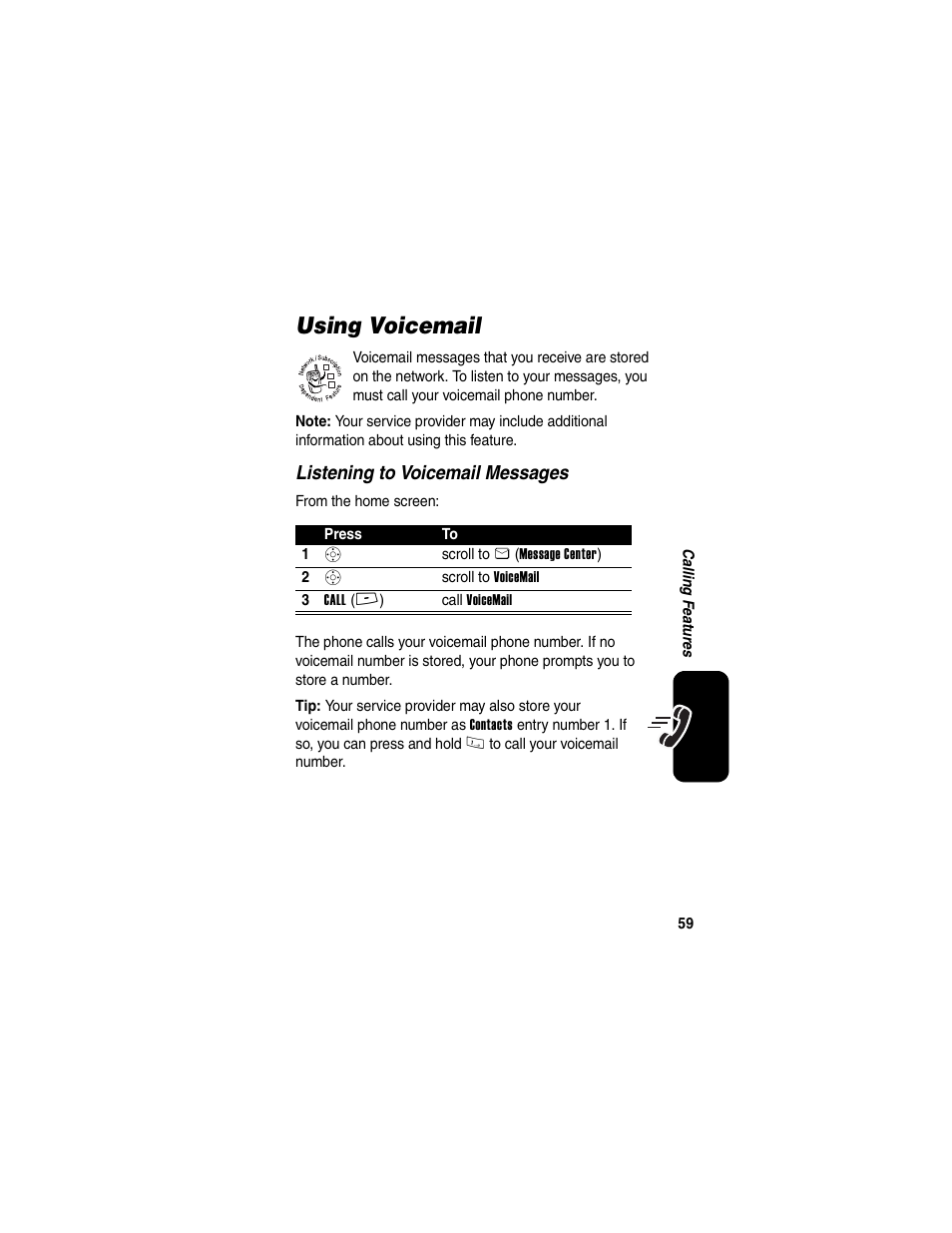 Using voicemail | Motorola V260/V262 User Manual | Page 61 / 122