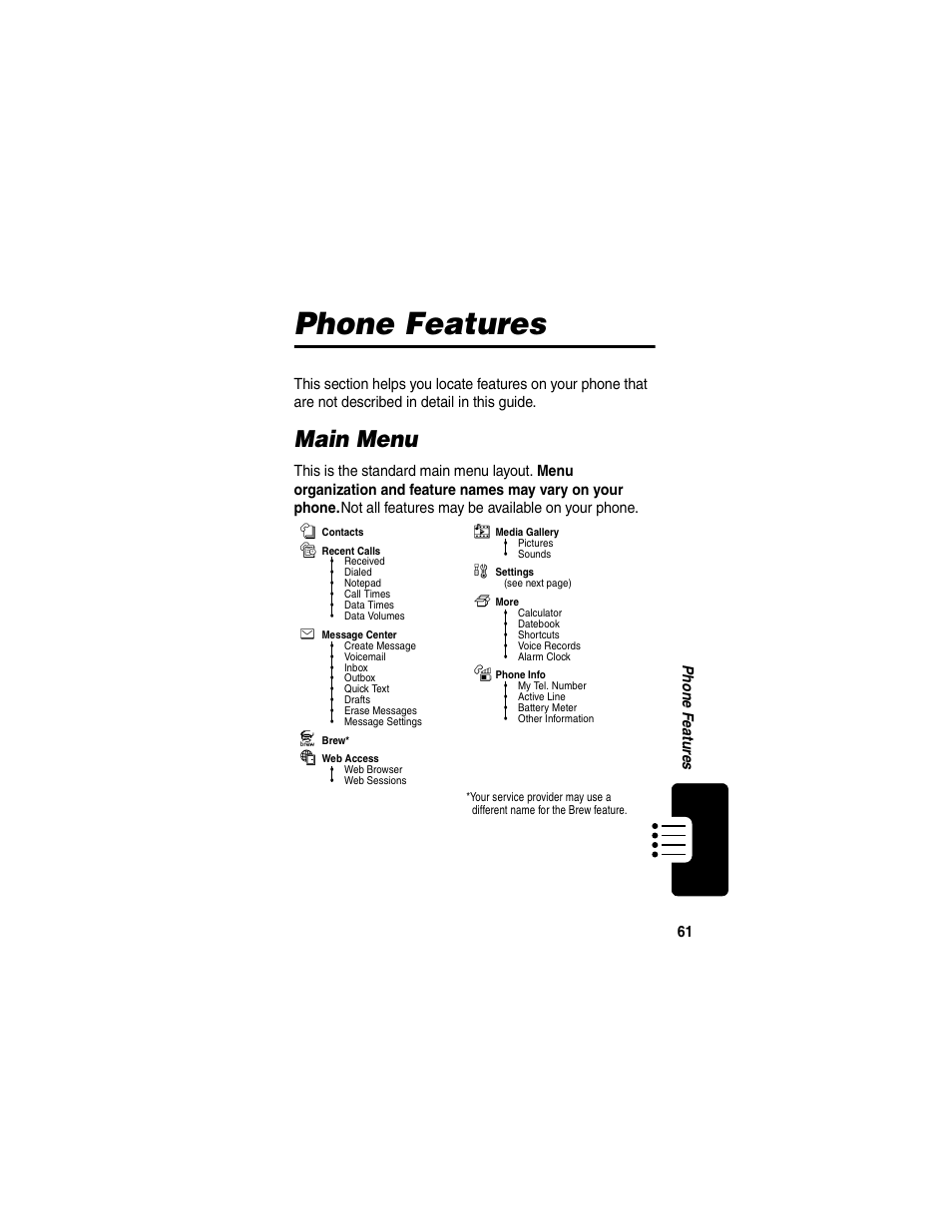 Phone features, Main menu | Motorola V260/V262 User Manual | Page 63 / 122