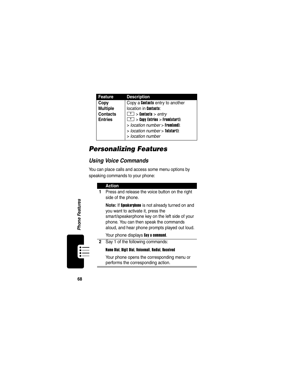 Personalizing features | Motorola V260/V262 User Manual | Page 70 / 122