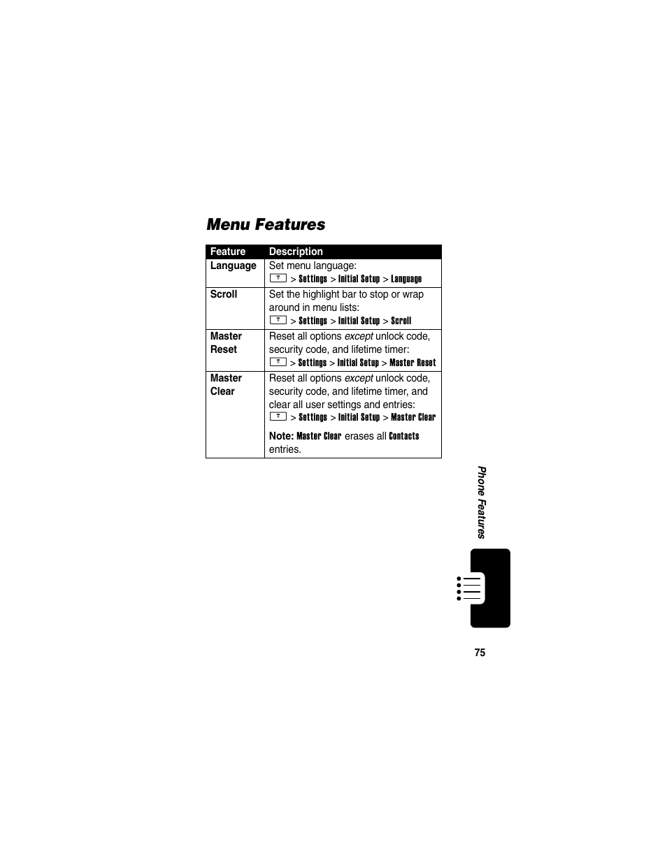 Menu features | Motorola V260/V262 User Manual | Page 77 / 122