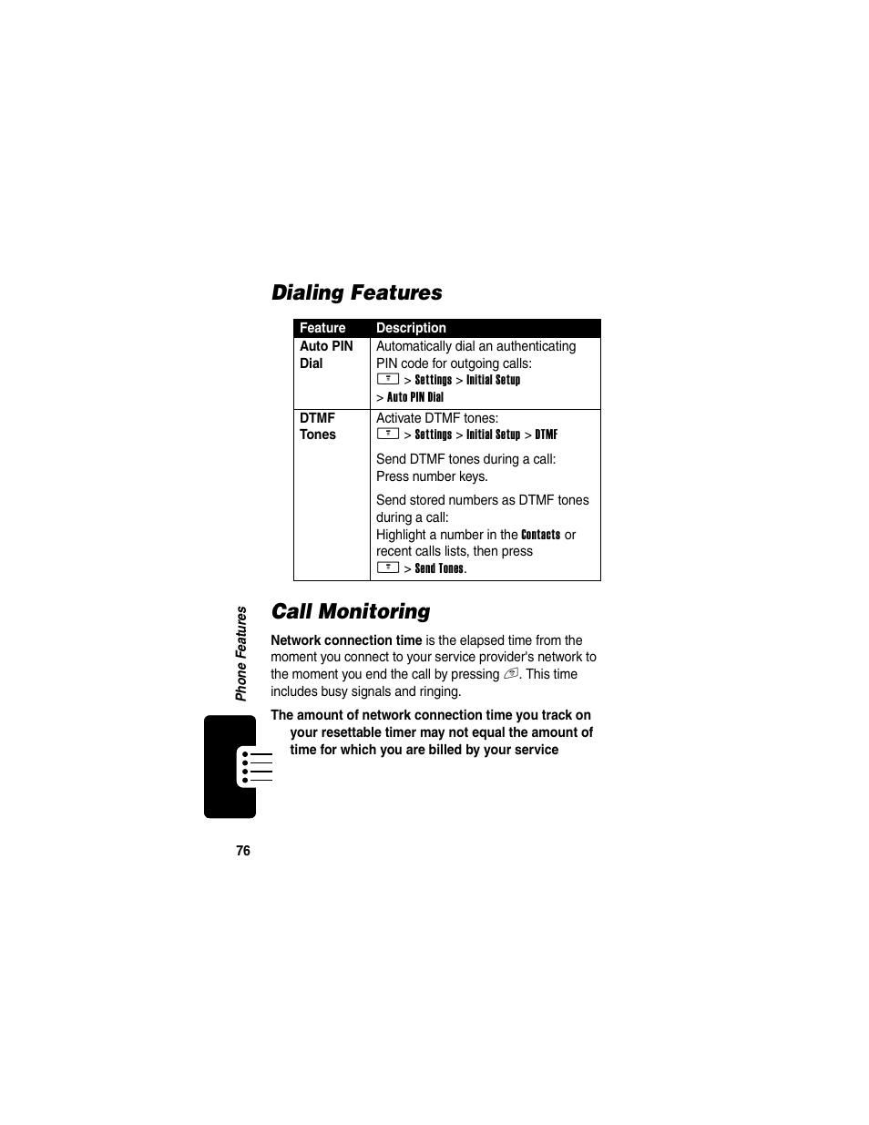 Dialing features, Call monitoring, Dialing features call monitoring | Motorola V260/V262 User Manual | Page 78 / 122