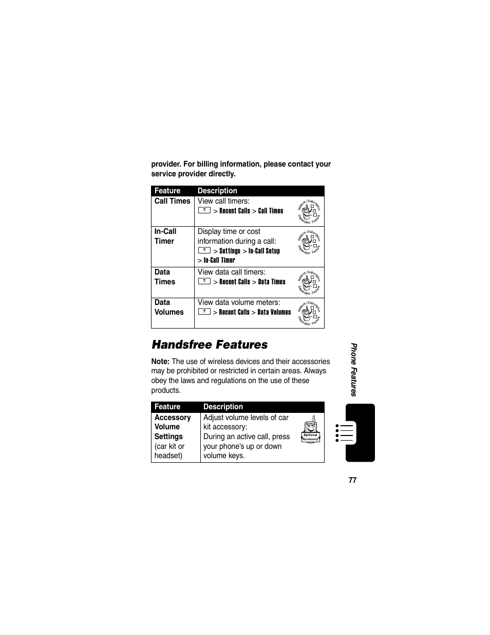 Handsfree features | Motorola V260/V262 User Manual | Page 79 / 122