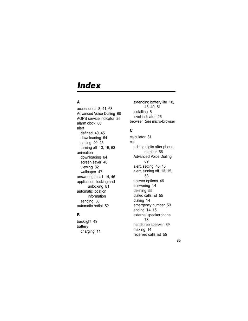 Index | Motorola V260/V262 User Manual | Page 87 / 122