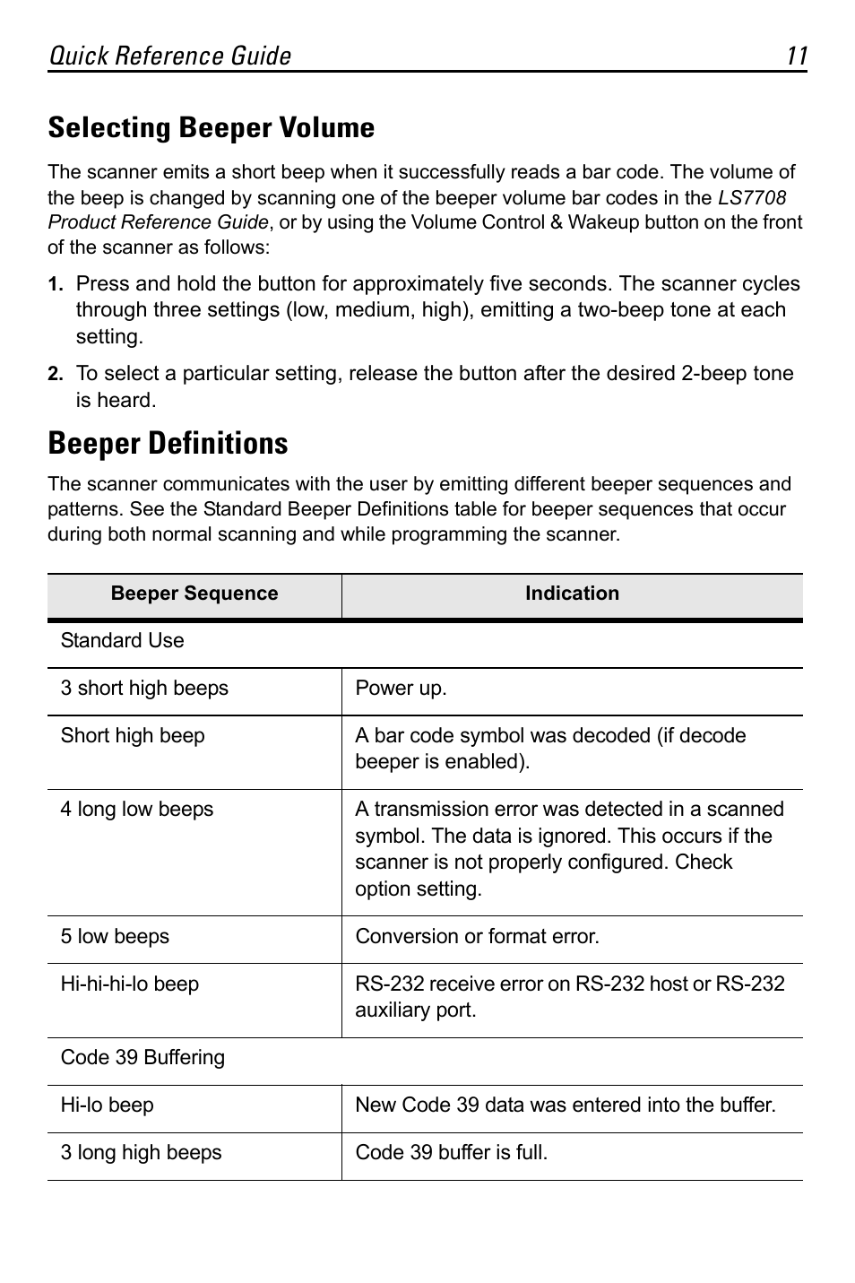 Selecting beeper volume, Beeper definitions, Quick reference guide 11 | Motorola LS7708 User Manual | Page 11 / 36