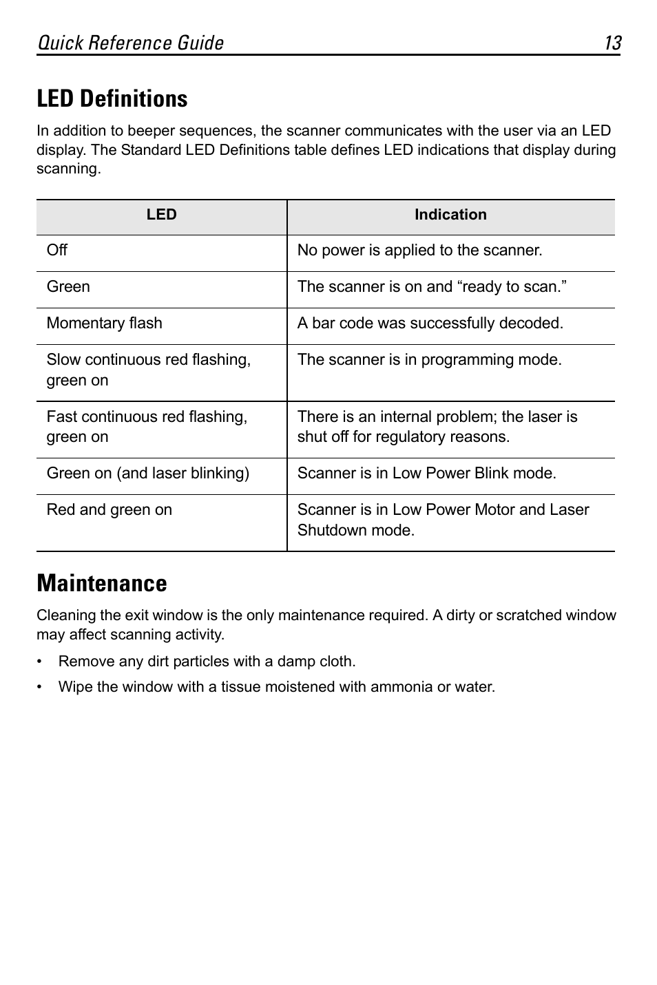 Led definitions, Maintenance, Quick reference guide 13 | Motorola LS7708 User Manual | Page 13 / 36